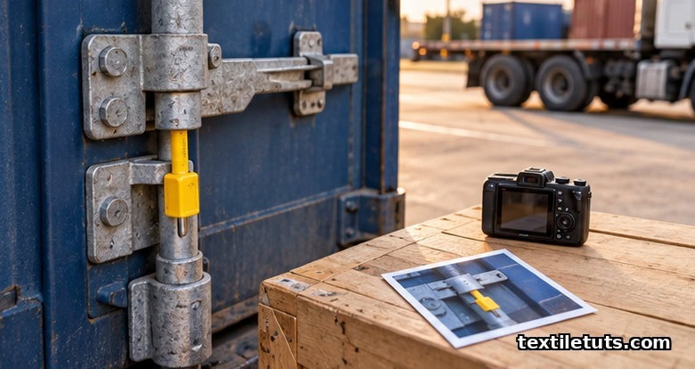 High-security bolt seal installed on closed shipping container doors with a camera and photograph of the seal on a wooden crate.