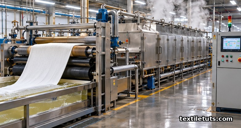Continuous pad-steam bleach range with J-box steamer and pad mangle processing cotton fabric.
