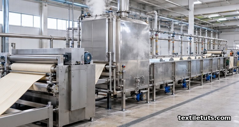 Continuous pad-steam scouring line with pad mangle, J-box steamer, and countercurrent wash boxes in a textile mill.