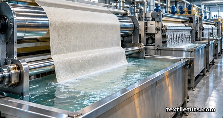 Cotton fabric held under tension passing through a concentrated sodium hydroxide mercerizing bath on a continuous range.