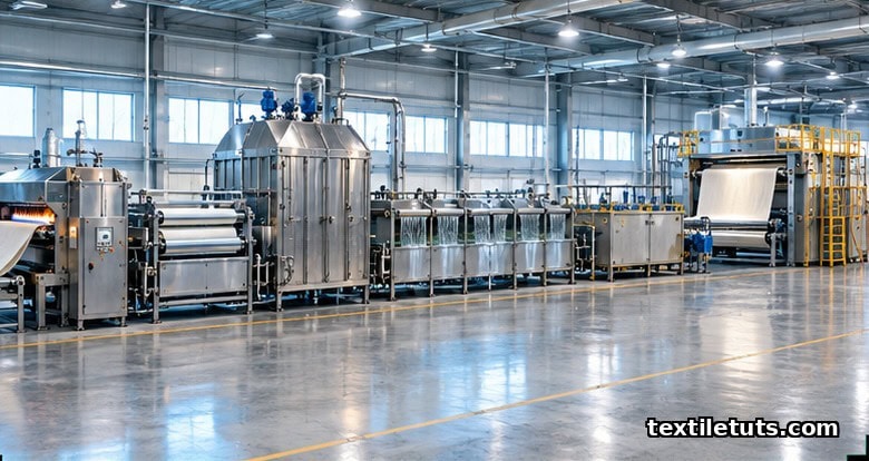 Complete continuous pretreatment line layout from singeing entry through desizing, scour-bleach, washing, and stenter drying exit.