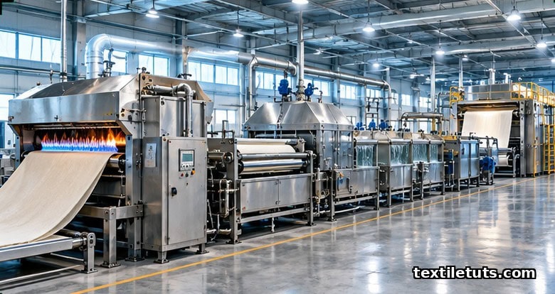 Wide view of a continuous textile pretreatment line in a mill, showing singeing, desizing, scouring, bleaching, washing, and drying stations.