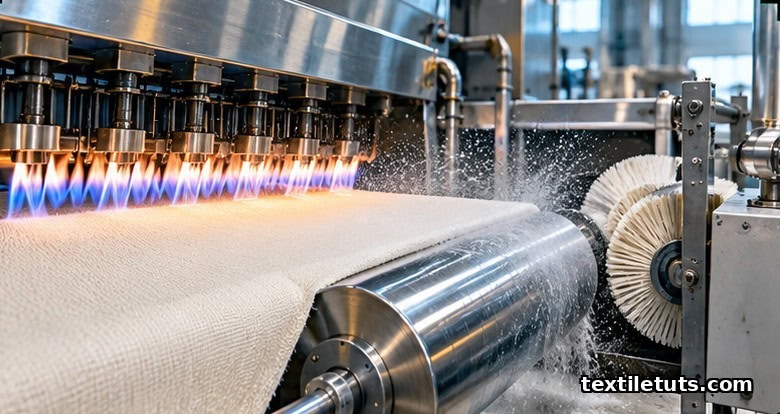 Cotton fabric passing over a gas singeing burner with flames brushing the surface to remove protruding fiber ends.
