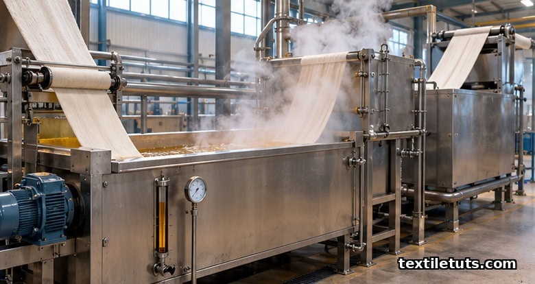 Cotton fabric moving through a continuous open-width scouring range with a saturator trough, steam chamber, and J-box accumulator in a textile finishing plant.