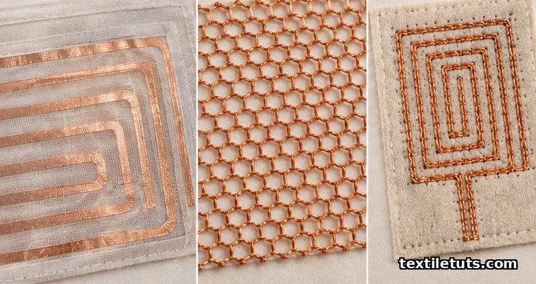 Triptych showing copper wire textile applications: a serpentine heating panel, EMI shielding mesh, and embroidered antenna patch.