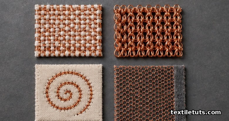 Flat-lay of four fabric swatches illustrating weaving, knitting, embroidery, and lamination methods of copper wire integration.