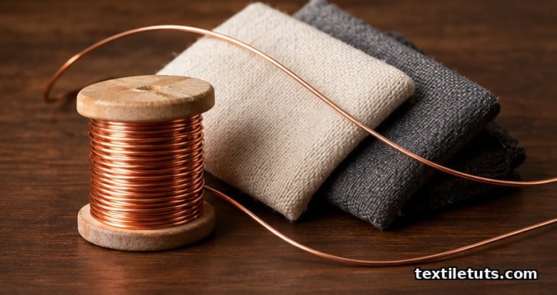 Studio still life of a wooden bobbin wound with fine copper wire, arched wire and folded textile swatches on a dark surface.