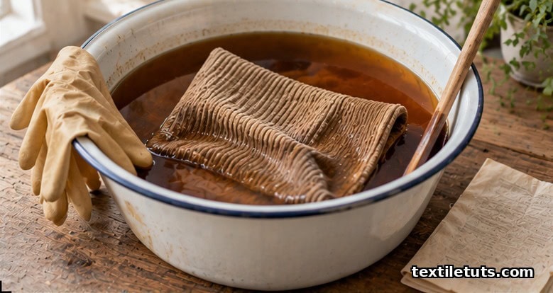 Corduroy fabric half-submerged in a vintage enamel dye bath with rubber gloves and a wooden stirring spoon on the counter.