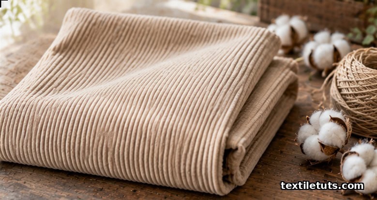 Close-up of unbleached cotton corduroy fabric showing its distinctive raised wales draped on a rustic wooden table.