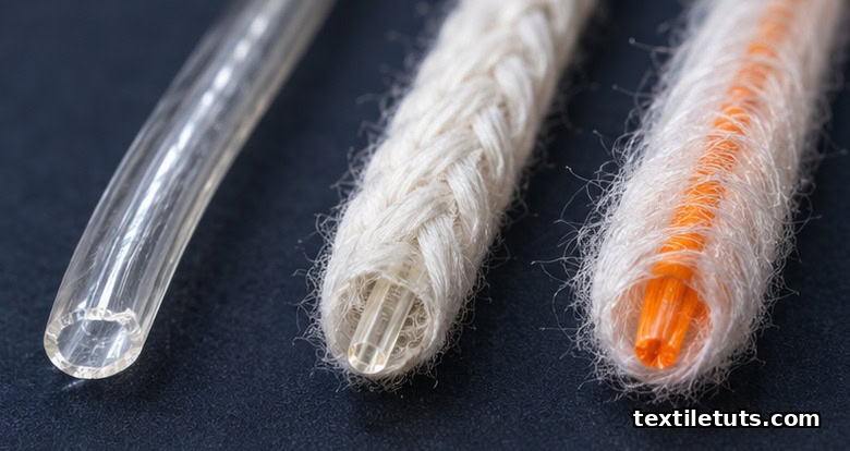 Macro cross-section of bare, plaited, and core-spun spandex yarns showing elastane fiber placement.