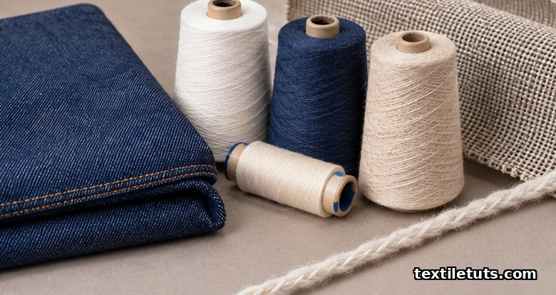 Folded stretch denim, industrial sewing thread cones, and a technical fabric swatch illustrating core-spun yarn end uses.