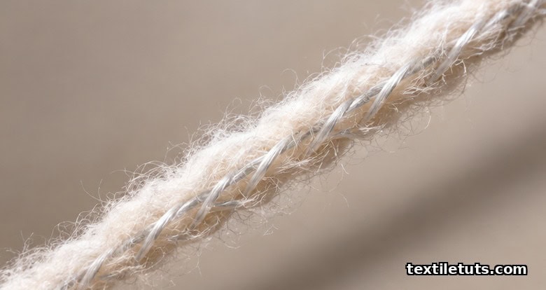 Macro photograph of a core-spun yarn cross-section revealing the synthetic filament core wrapped by a cotton staple sheath.