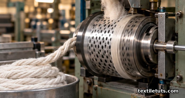 DREF friction spinning drum wrapping staple fibers around an axially fed filament core to form industrial core-spun yarn.