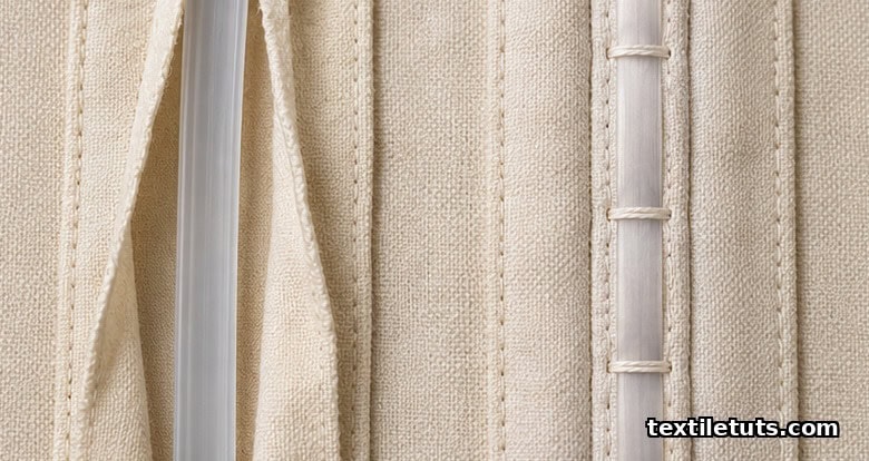 Cross-section of corset bone casing showing floating boning channel and stitched boning channel in coutil fabric