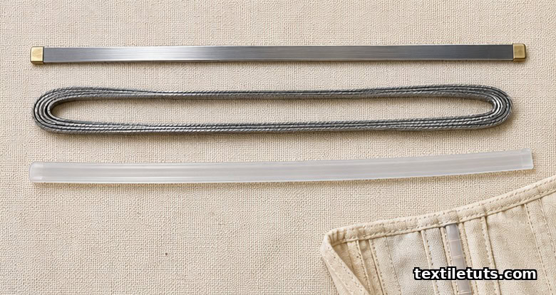 Flat lay of three corset boning types — flat steel, spiral steel, and plastic — arranged on natural cotton coutil fabric