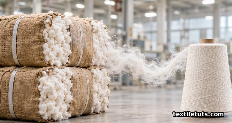 Stacked raw cotton bales on the left transition to a finished cross-wound cotton yarn cone on the right, summarizing the spinning mill workflow from bale to cone.
