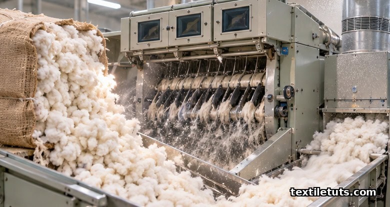 Cotton bales being opened and cleaned by beater bars and sawtooth cylinders in a blowroom line.