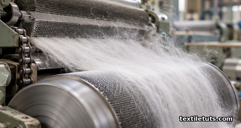 Close-up of a cotton carding machine's main cylinder and flats chain, with a wispy web of individualized fibers being deposited onto the doffer.