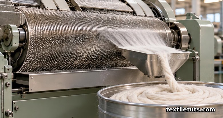 Close-up of a carding machine with metallic wire clothing forming a translucent cotton fiber web.