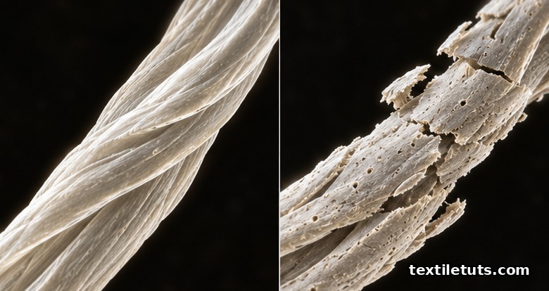 Split microscopy view of cotton cellulose fibers, intact twisted ribbon on the left and fractured, pitted, shortened fibers after hypochlorite on the right.