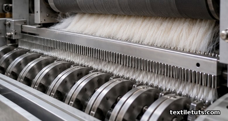 Close-up of a cotton combing machine interior showing half-lap needles, top comb, and detaching rollers.
