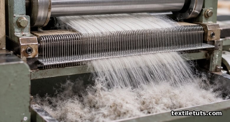 Close-up of a cotton combing machine's top comb and detaching rollers, with a thin fringe of cleaned fibers passing through the nipper jaws.