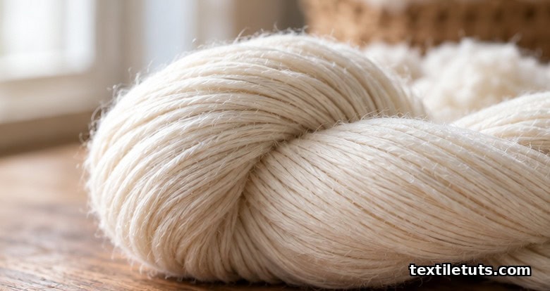 Soft lustrous skein of combed cotton yarn resting on warm wood, individual fibers catching light.