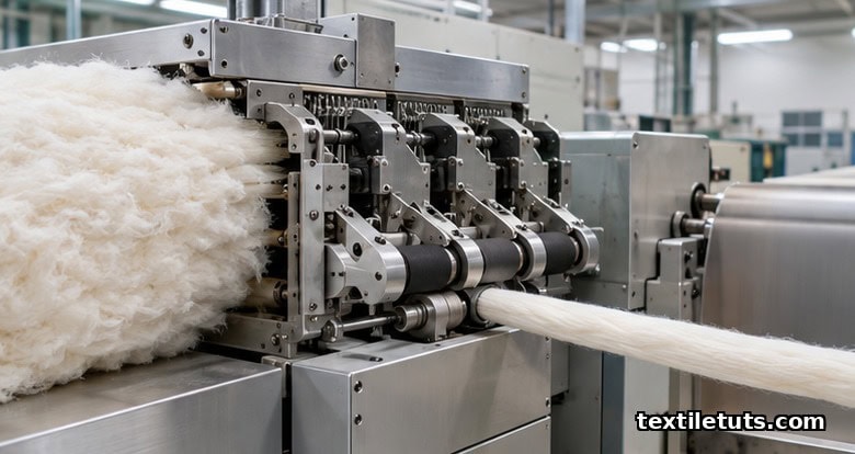 Industrial rectilinear cotton combing machine with lap feed of raw cotton on the left and combed sliver exiting.