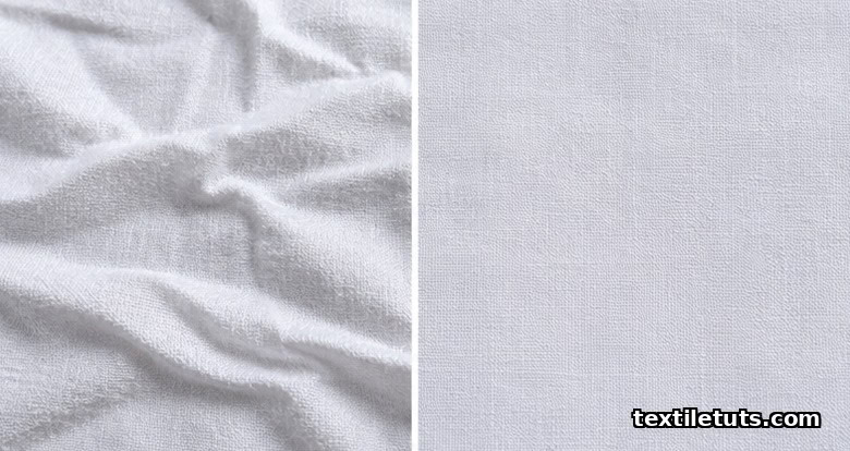 Side-by-side close-up of a creased untreated cotton swatch next to a smooth crosslinked easy-care cotton swatch recovering its shape.