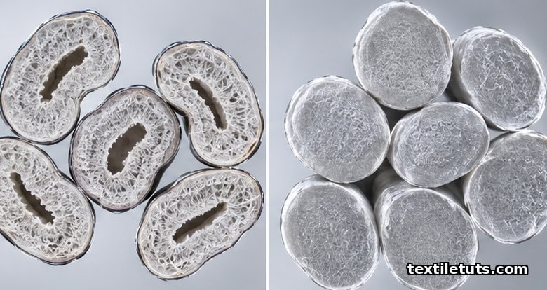Side-by-side microscopy of cotton fiber cross-sections: kidney-bean shaped untreated fiber versus rounded mercerized fiber.