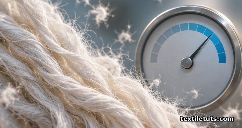 High-magnification cotton fiber bundle beside a humidity gauge reading 65 percent, illustrating the hygroscopic nature of cellulose fibers.