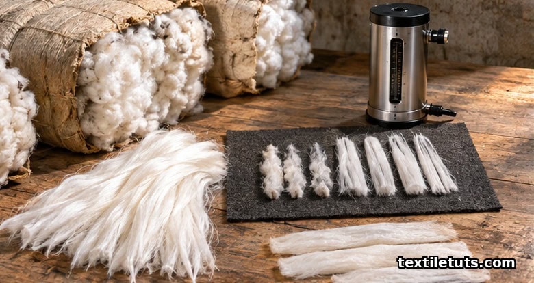 Raw cotton bales beside a fiber length tester with staple samples fanned out for fine count spinning.