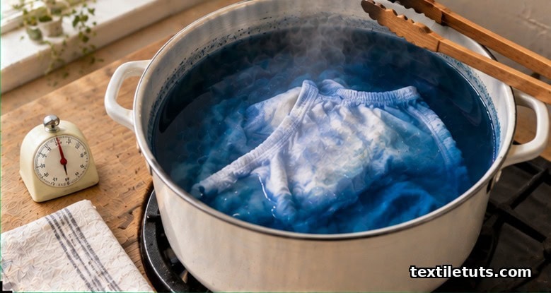 Cotton garment submerged in a steaming indigo dye bath inside an enamel pot on a stovetop