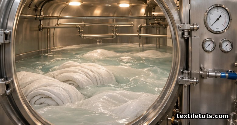 Inside an industrial soft-flow jet dyeing machine treating cotton single-jersey fabric in aqueous liquor at controlled pH.