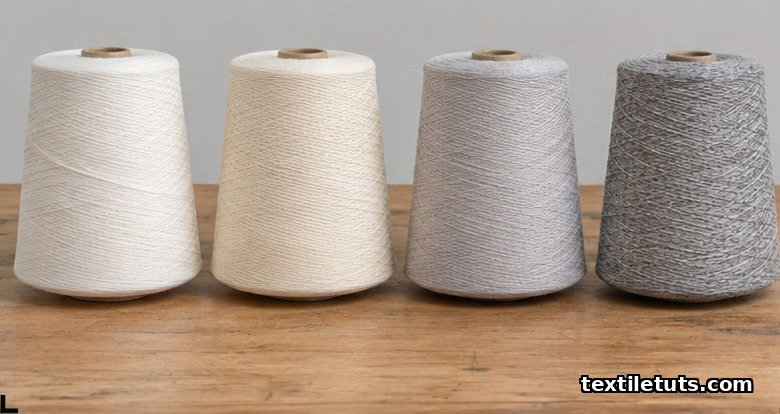 Four yarn cones on a wooden bench representing 100% cotton, cotton-poly, cotton-modal, and tri-blend fibers.
