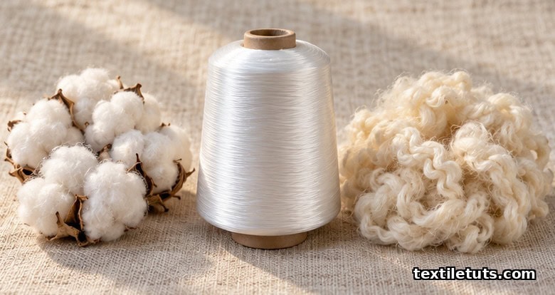 Cotton bolls, polyester filament spool, and merino wool fiber laid out for knit selection