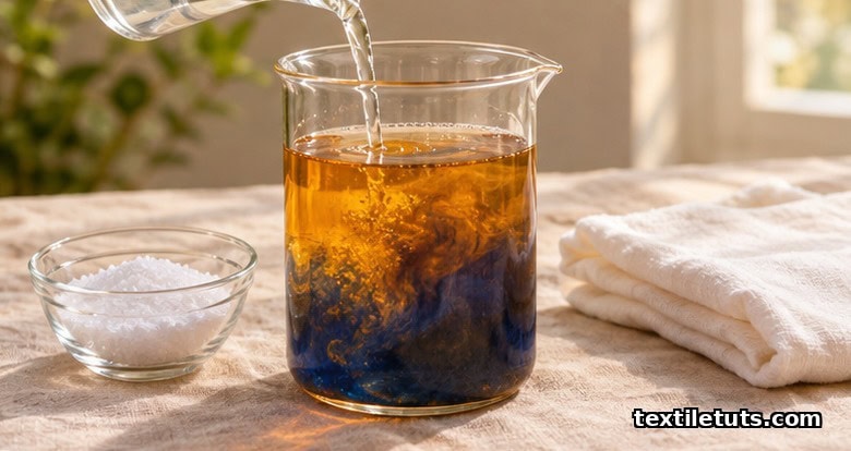 Cotton reactive dye bath with pre-dissolved sodium chloride salt being added in portions to a glass beaker beside folded cotton fabric.