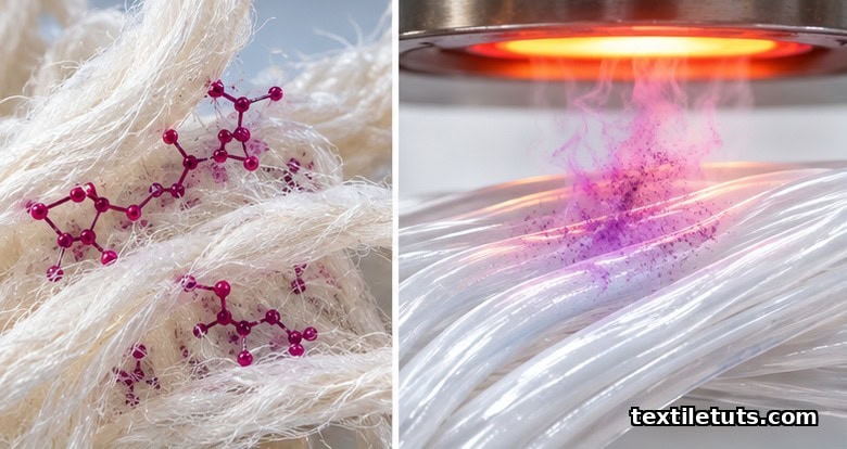 Macro side-by-side of bleached cotton fibers with reactive dye bonded to cellulose and polyester filaments under thermosol heat with sublimating disperse dye.
