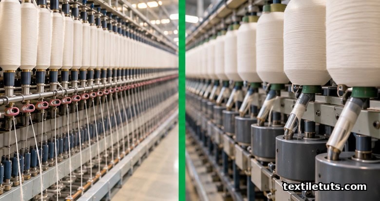 Side-by-side view of ring spinning bobbins on spindles and rotor spinning take-up packages forming cotton yarn.