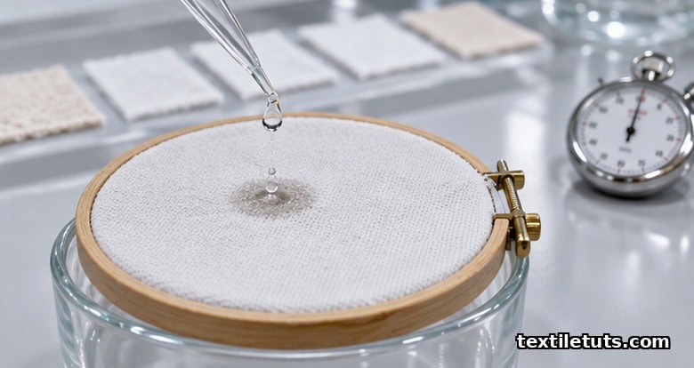 Laboratory wettability drop test on scoured white cotton fabric in a hoop, pipette releasing a water droplet that absorbs into the scoured weave.