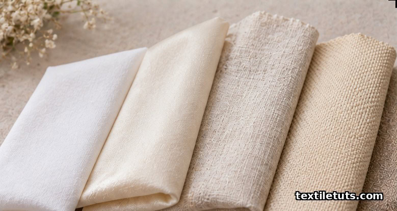 Stacked fabric samples of cotton, silk, linen, and polyester showing distinct weaves and shades from white to ivory.