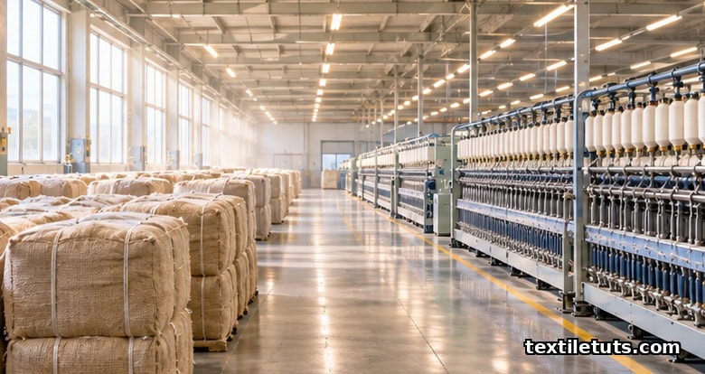 Wide view inside a modern cotton spinning mill with rows of production machines and stacked cotton bales on the floor.