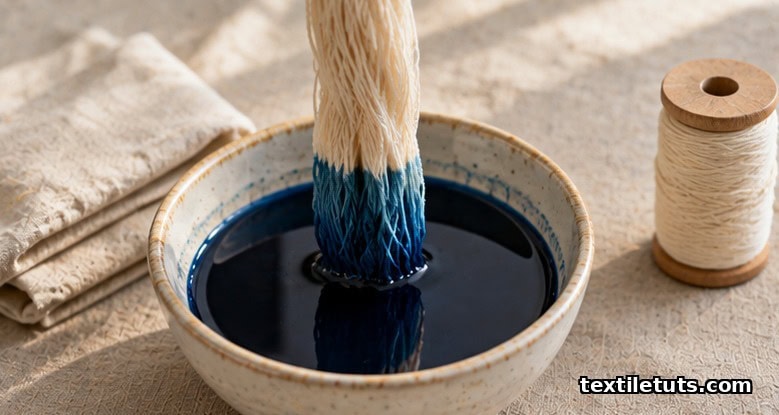 Skein of natural cotton thread dipping into a ceramic bowl of indigo dye, surrounded by unbleached linen and a wooden spool.