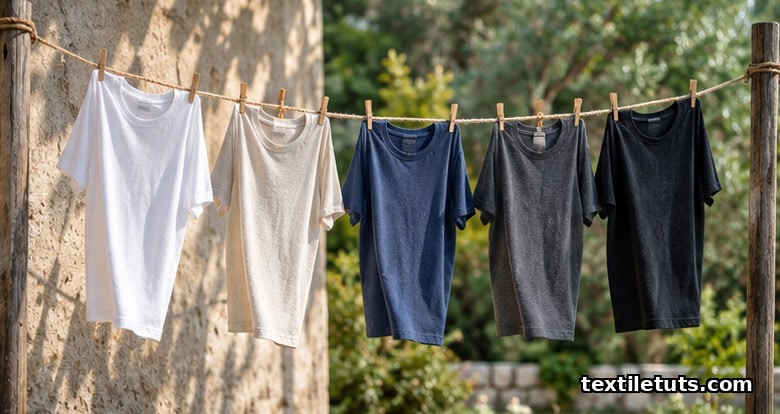Cotton t-shirts hanging by their bottom hems on a clothesline, transitioning from bright sunlight to open shade.