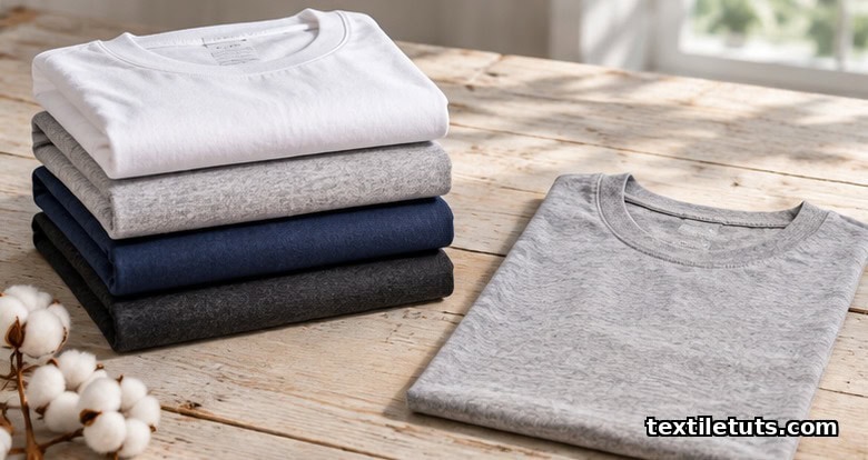 A neatly folded stack of cotton t-shirts in white, light grey, navy, and charcoal resting on a pale wooden surface.