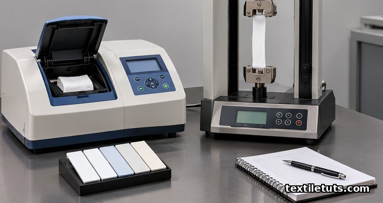 Textile QC lab bench with spectrophotometer and tensile tester measuring bleached cotton whiteness and strength.