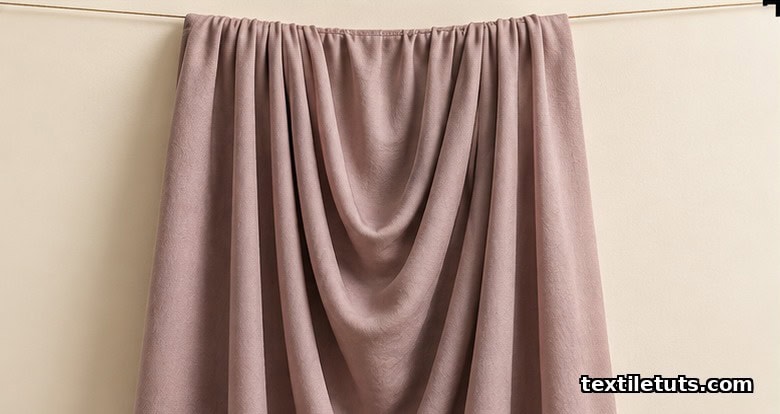 A cowl drape with vertical fabric folds hanging from a single neckline seam, showing surplus fabric length in soft rayon challis.