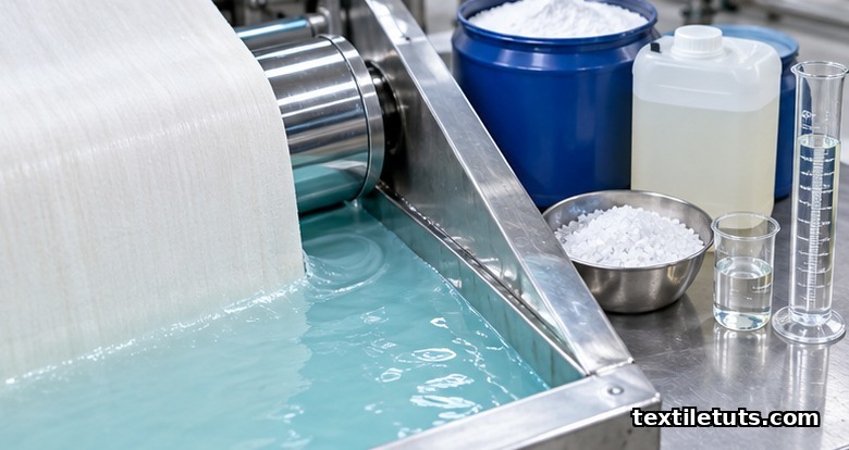 Macro view of an open CPB pad-liquor trough with pale aqua reactive dye liquor, chrome pickup roller, and unmarked containers of soda ash, caustic, salt, and sequestering agent.