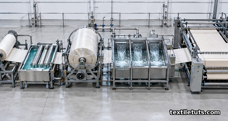 Five CPB stages shown left to right: pre-pad prep, dye-liquor padder, plastic-wrapped batching roll on rotating carrier, multi-stage washer, and stenter dryer.