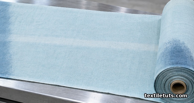 CPB-dyed cotton on an inspection table showing end-to-end shade gradient, side-to-side lighter band, and a darker tail-end patch on the outer roll wrap.